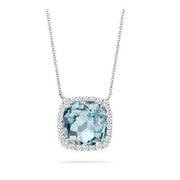 18K White Gold Sky Blue Topaz and Diamond Halo Necklace